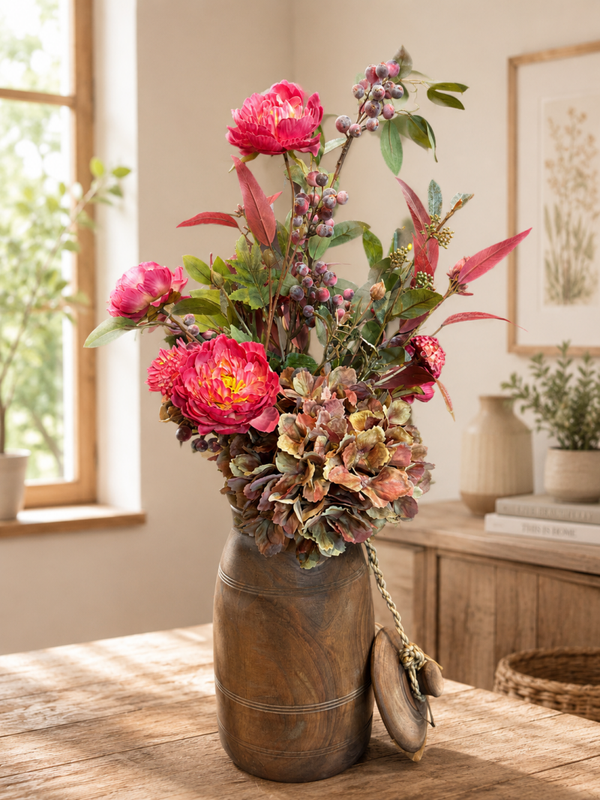 Houten pot met deksel inclusief zijden bloemen