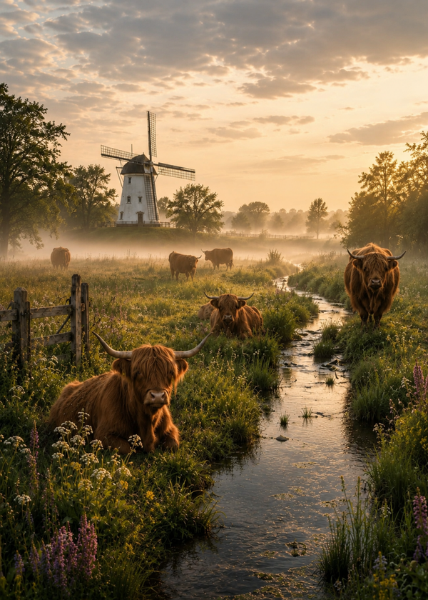 Tuinposter / Wanddoek met Latjes hooglander landschap.