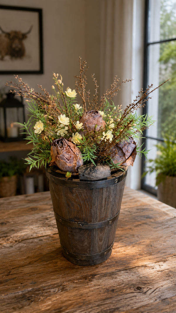 Houten emmer met rozenboeket