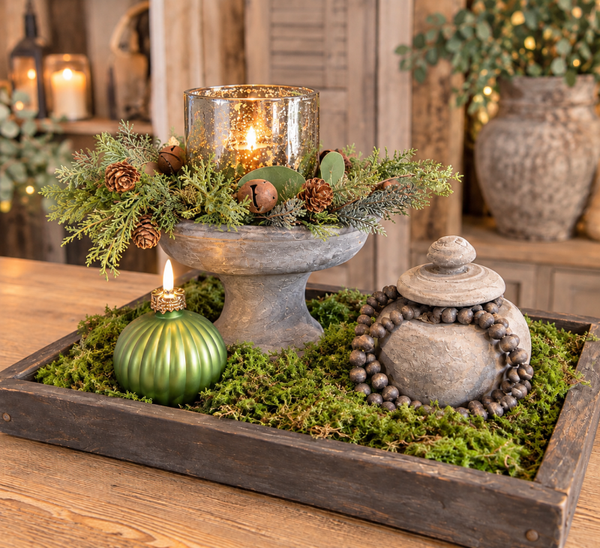 Complete Landelijke Kerstdecoratie op Houten Tray – Groen & Naturel
