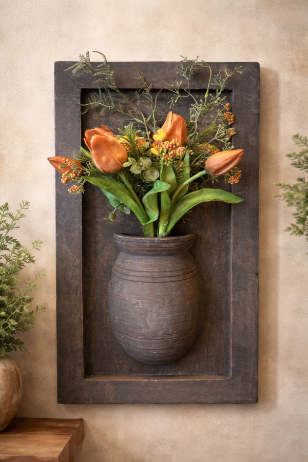 Houten wanddecoratie Met pot inclusief boeketje