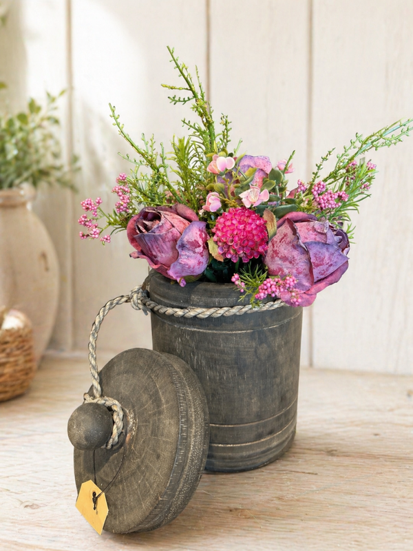 Houten pot met deksel en rozen boeket.