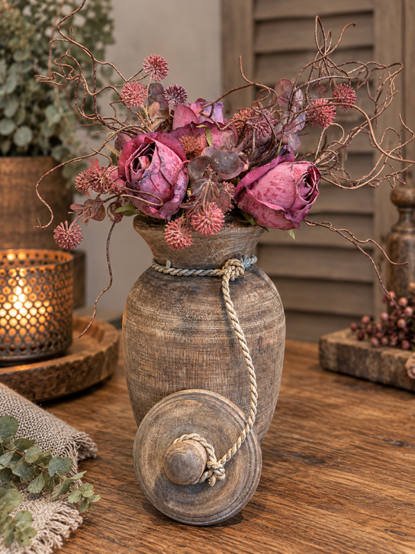 Houten pot met deksel & boeket