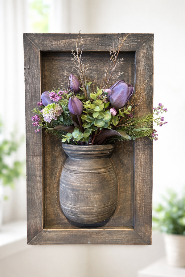 HOUTEN WANDDECORATIE MET POT INCLUSIEF BOEKETJE Paars