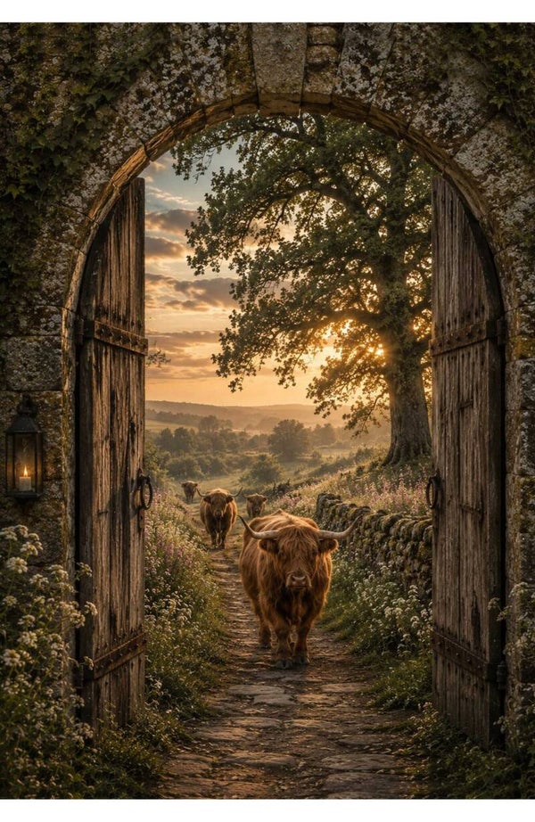 Tuinposter / Wanddoek met Latjes hooglander poort
