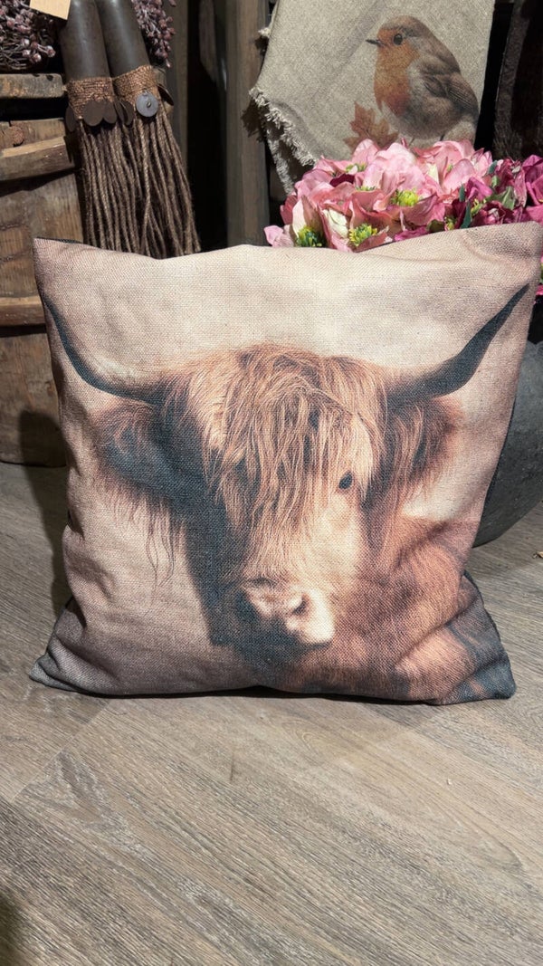 Sierkussen Schotse Hooglander – 45 × 45 cm