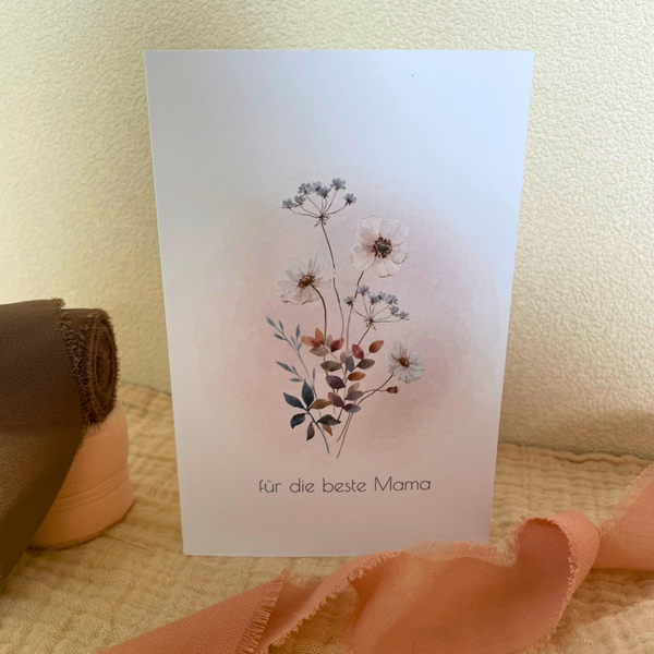 Muttertagskarte „Für die beste Mama“ mit Blumen – Rosa Karte inkl. Umschlag