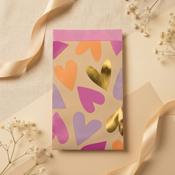 Geschenktüte, Große Herzen, Gold, 12x19 cm