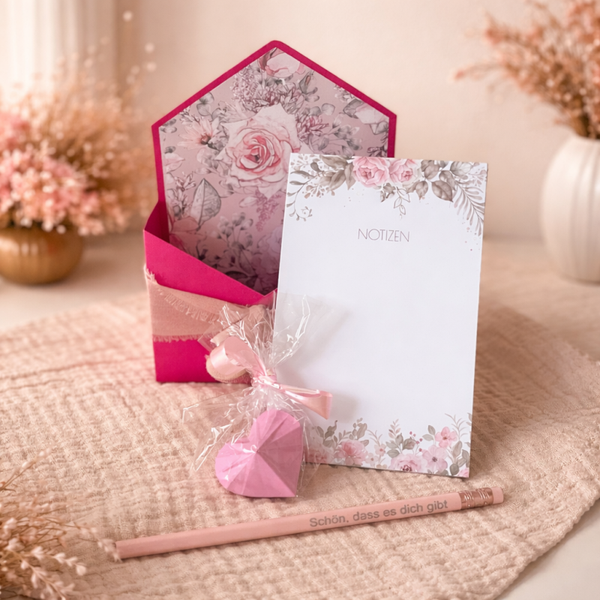 Geschenkbox zum Muttertag – Mini Notizblock, 3D Herz & gravierter Bleistift | liebevolles Mama Geschenk
