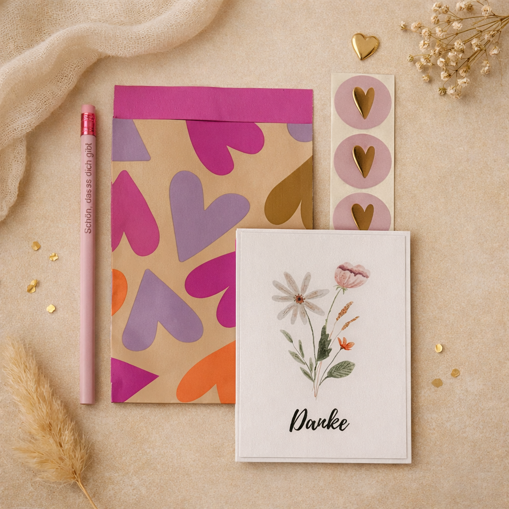 Kleines Danke Geschenk- Set mit Tüte, Karte, Stift und Herzsticker