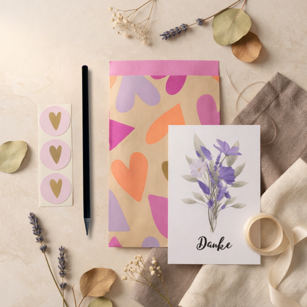 Danke Papeterie- Set mit Tüte, Karte, Stift und Herzsticker