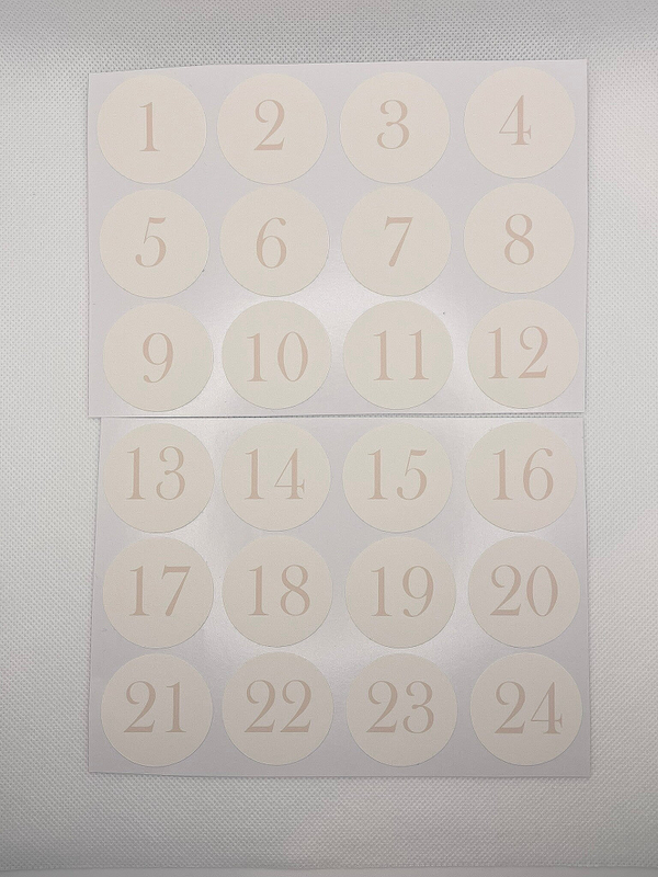 Geschenkaufkleber, Adventszahlen in beige, pastell, schwarz, grün, schwarz/gold