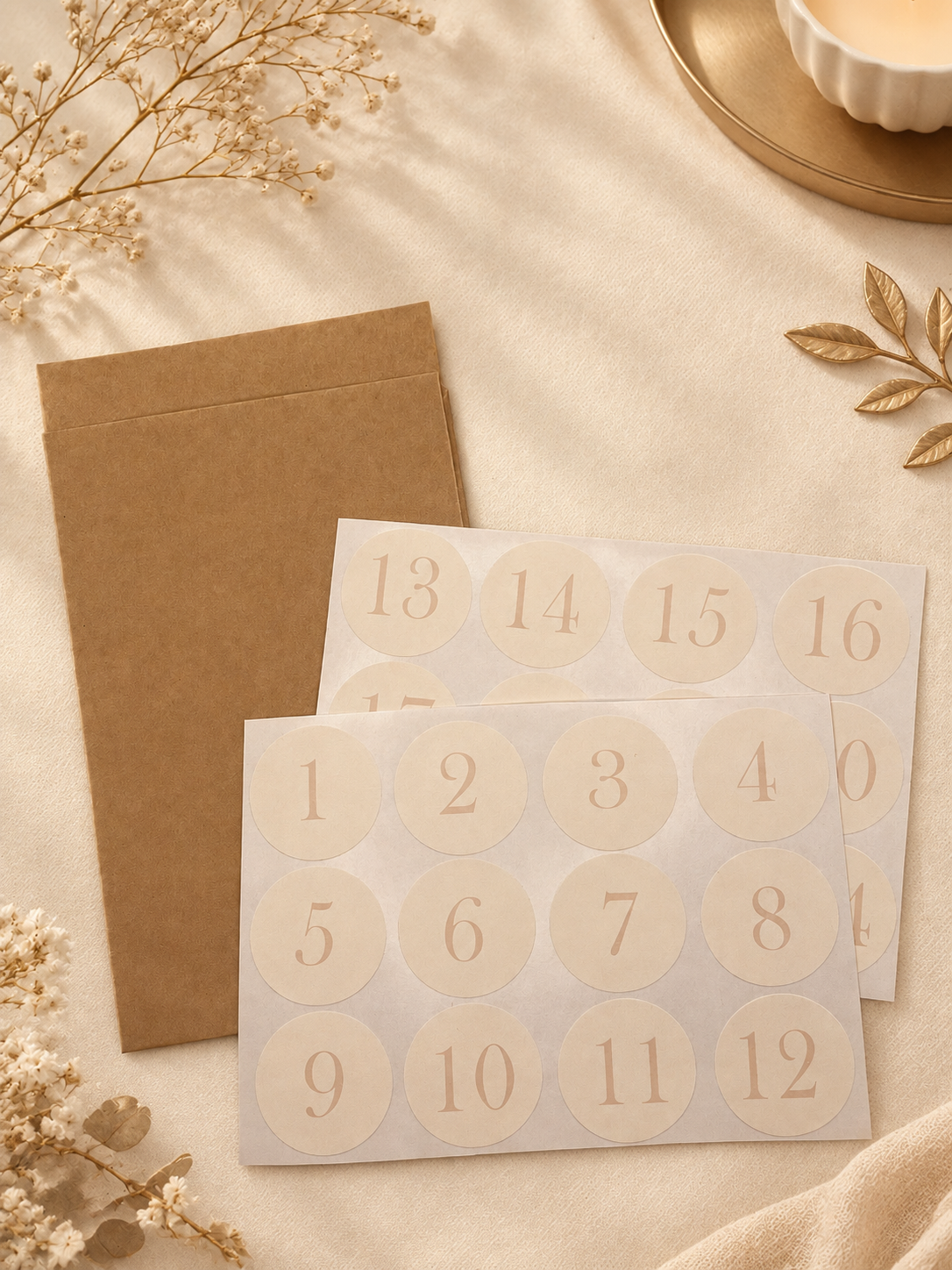 DIY Adventskalender Bastelset – 24 Kraftpapiertüten mit Zahlen-Stickern (Beige, Grün, Schwarz/Weiß)