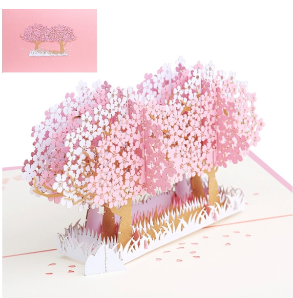 Pop-up card roze bloesemboom met envelop