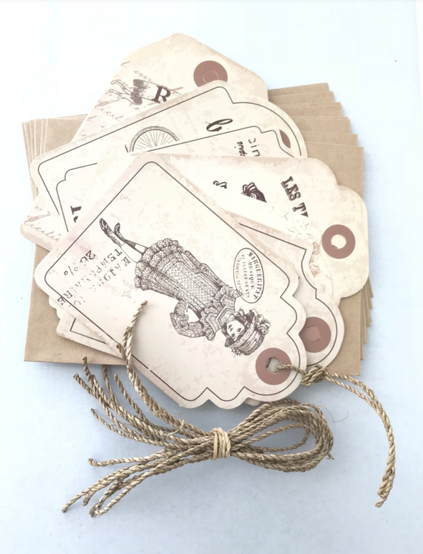 Labelkaarten met touwtjes ‘Vintage’, 5 stuks met enveloppen, diverse soorten