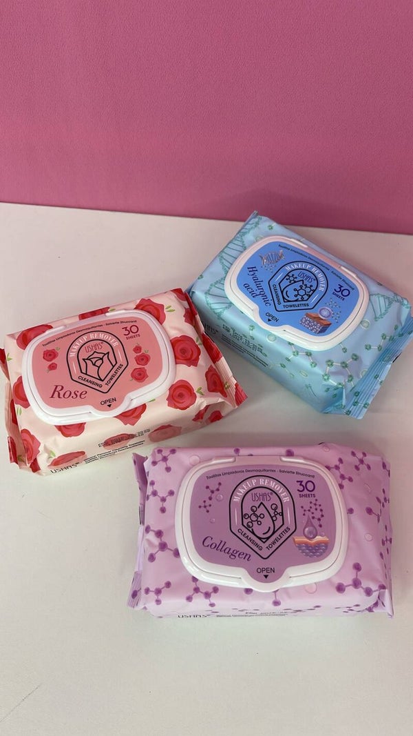 Toallitas desmaquillantes Ushas – Rose, Colágeno e Hialurónico (30 uds)