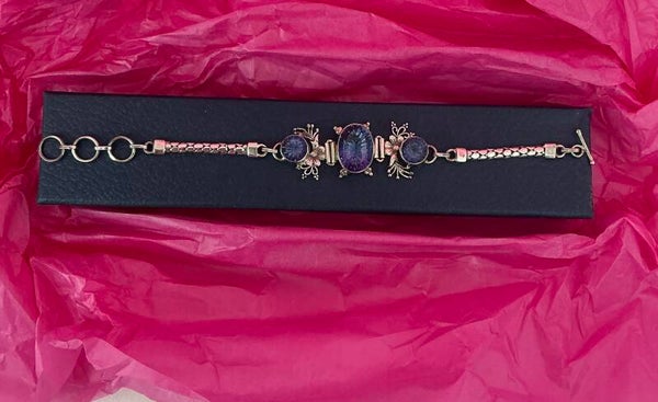 Pulsera de Plata de Ley envejecida con piedras violetas y detalles florales