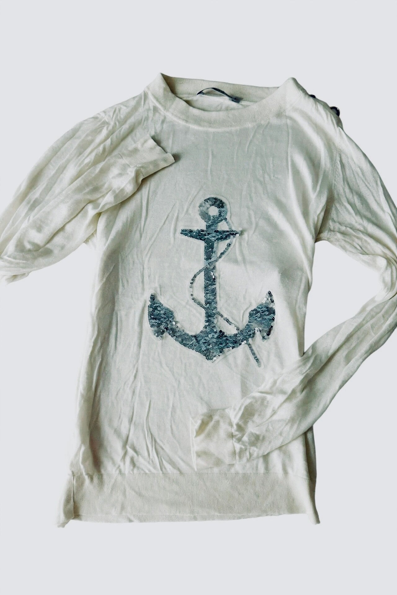KOOKAI Weißes Sommer Longsleeves mit Pailletten Anker, S