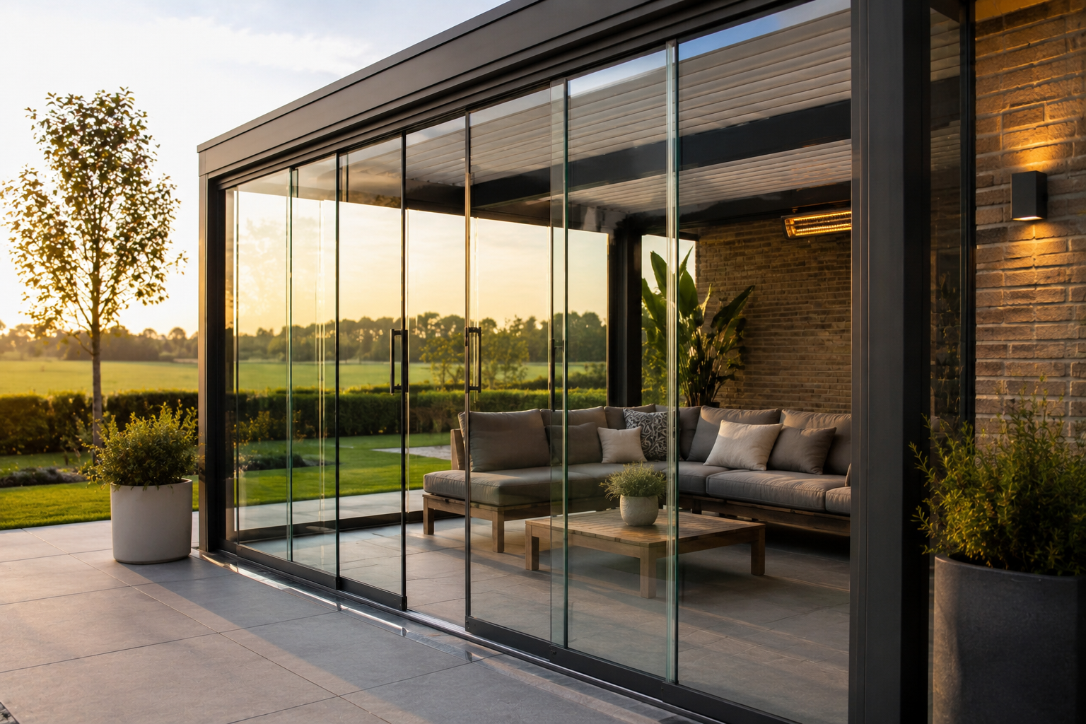 Moderne patio in gouden uur licht
