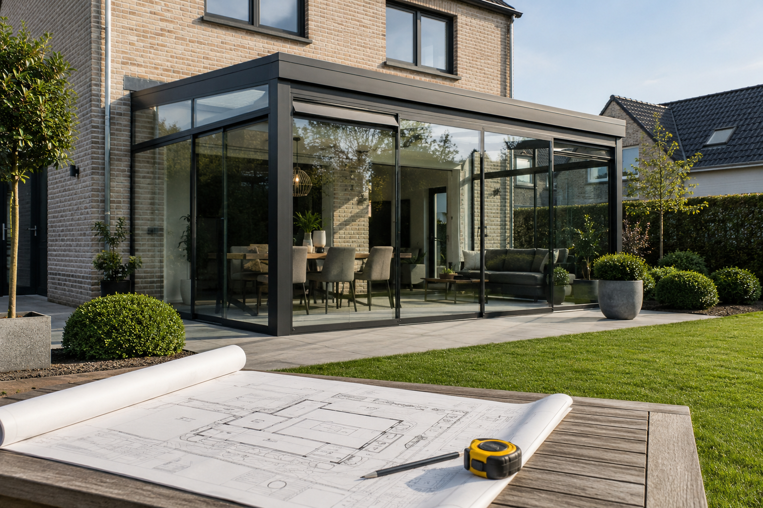 Moderne patio in gouden uur licht