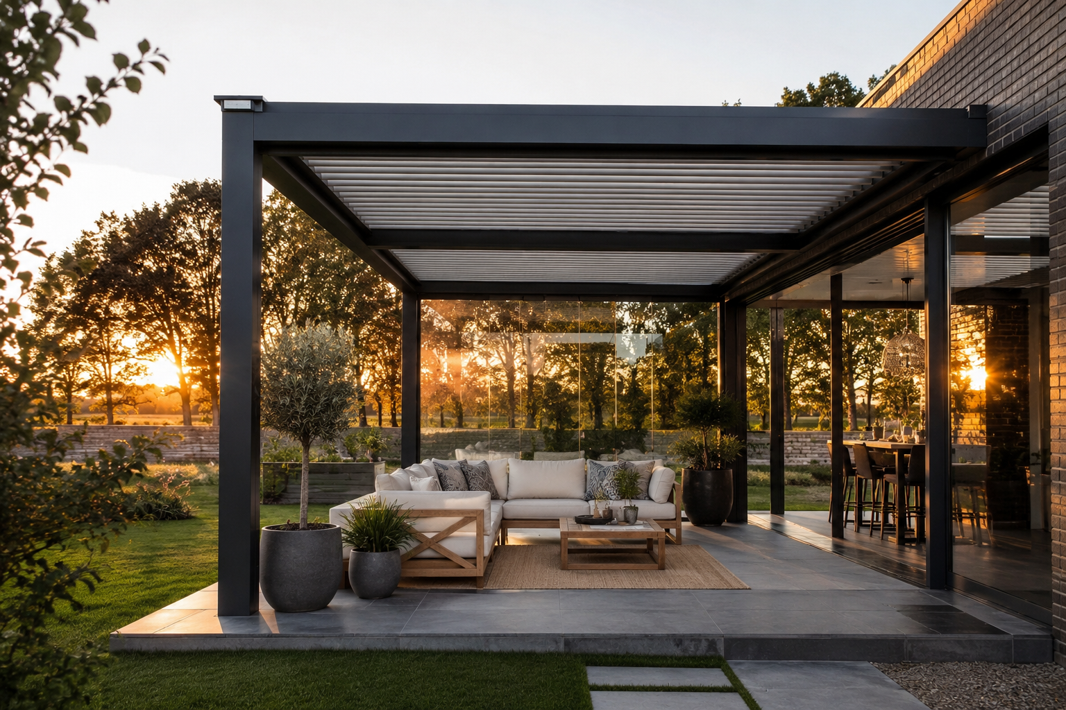 Moderne aluminium veranda met lamellendak en stijlvolle loungehoek aan een moderne woning tijdens zonsondergang.