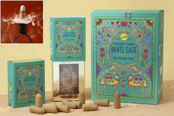 CAJA DE CONOS GOLDEN INDIA DE INCIENSO DE REFLUJO (EFECTO NIEBLA) SALVIA BLANCA