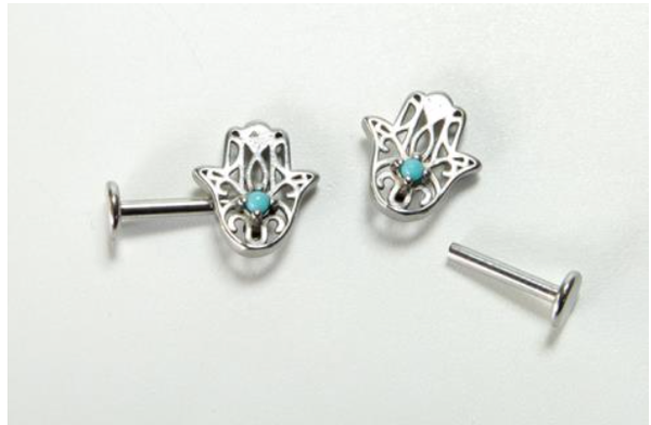 PENDIENTES DE ACERO MANO DE FATIMA Y PIEDRITA AZUL