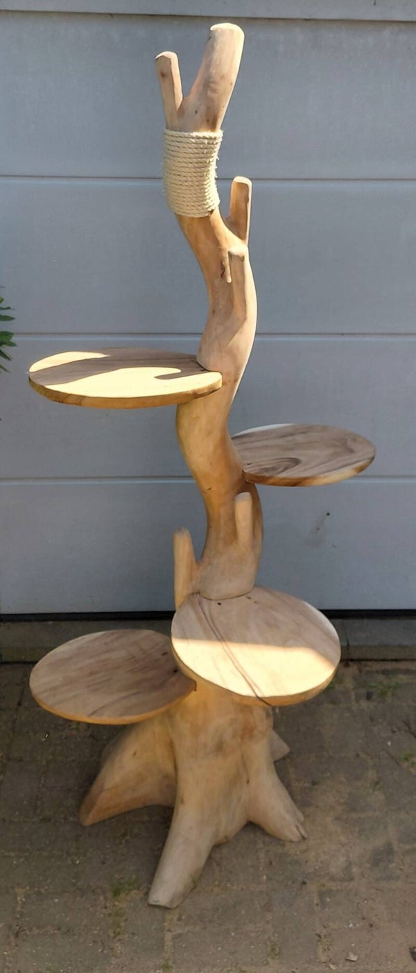 Teak kattenpaal met wortelbasis.