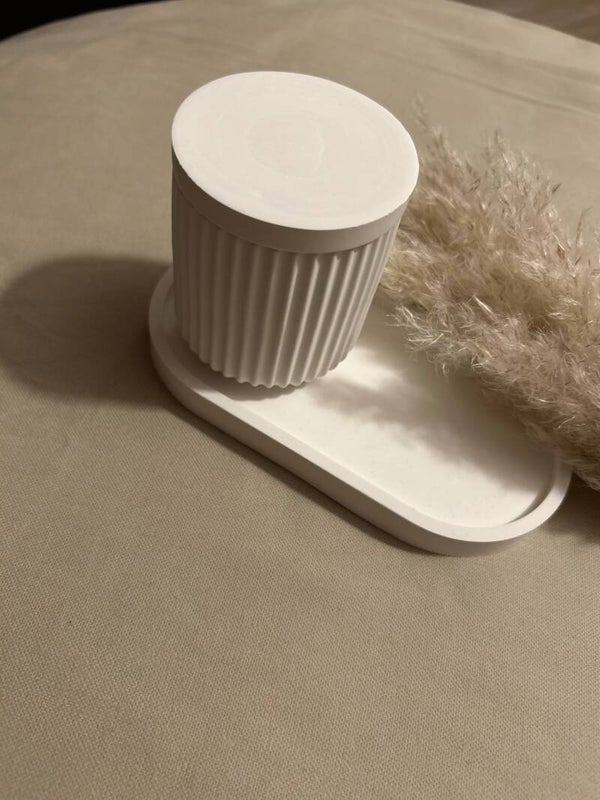 Gips Deko-Set: Dose mit Deckel & ovaler Unterteller