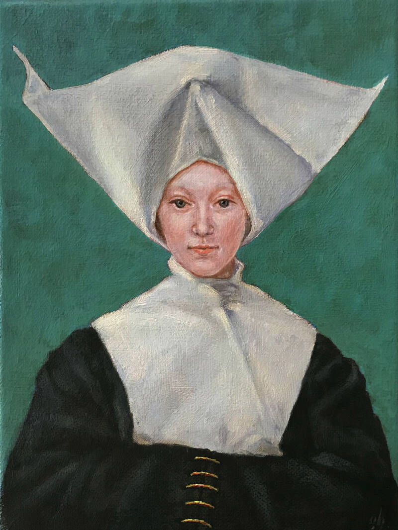 Oil painting schilderij portret No talking hands