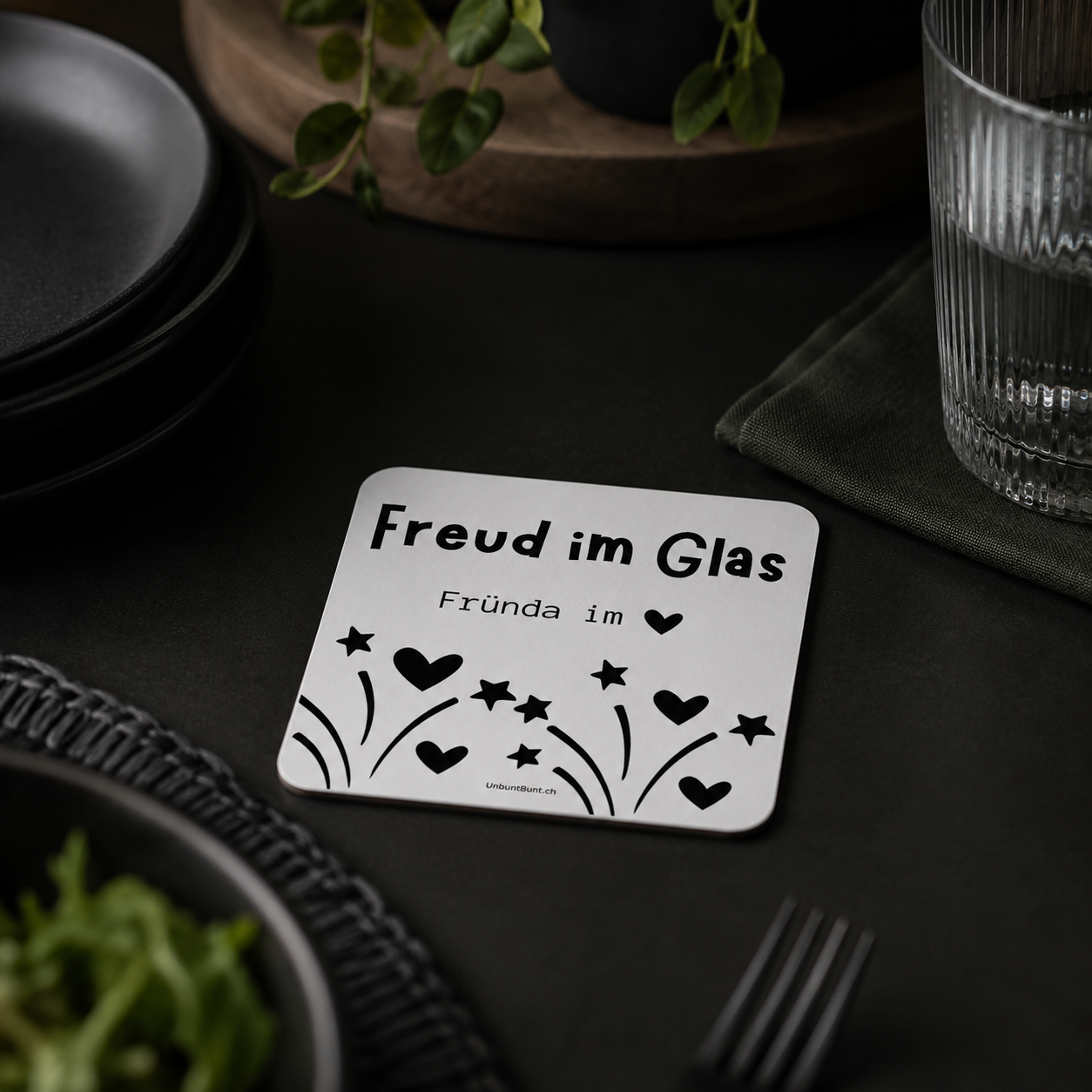 Untersetzer - Freud im Glas. Fründa im Herz.