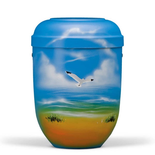 21150 Naturstoffurne, Himmelblau, Airbrush Motiv: Möwe