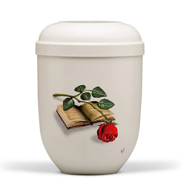 21206 Naturstoffurne, Cremeweiß, Handbemalt, Motiv: Buch mit Rose
