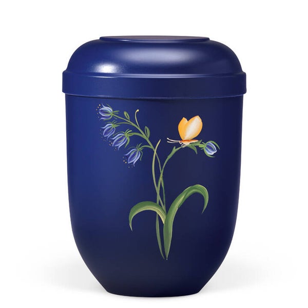 21230 Naturstoffurne, Nacht Blau Handbemalt, Glockenblume mit Falter