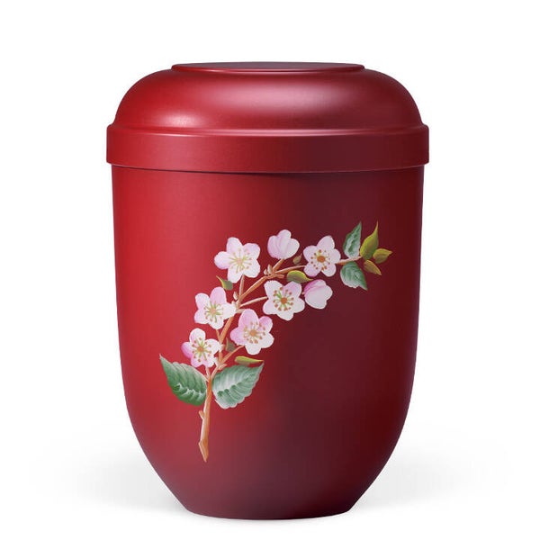21240 Naturstoffurne, Weinrot Matt, Handbemalt, Kirschblüten