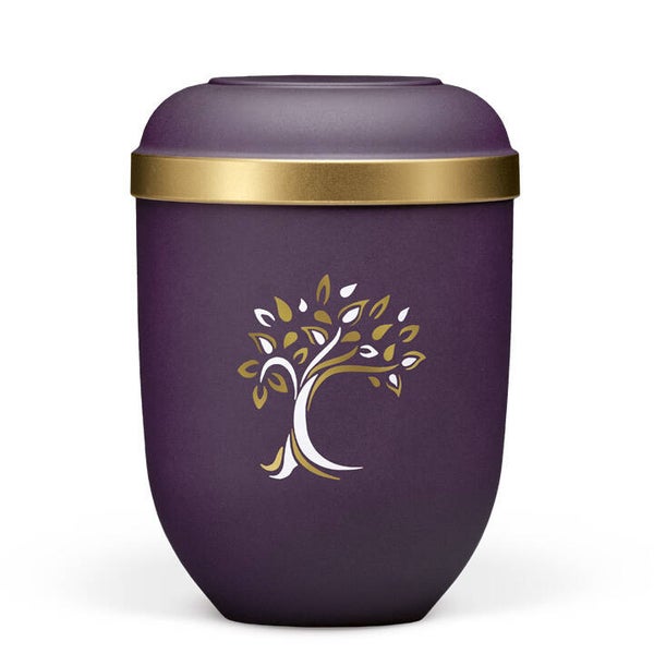 21330ARB Naturstoffurne, Violett Velours, Goldrand, Baum ART-Dekor gold/weiß