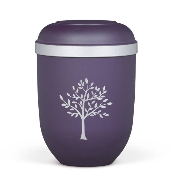 21330B-SI Naturstoffurne, Violett Velours, Silberrand, Moderner Baum Silber
