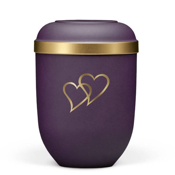 21330HZ Naturstoffurne, Violett Velours, Goldrand, Dekor Herzen in Gold