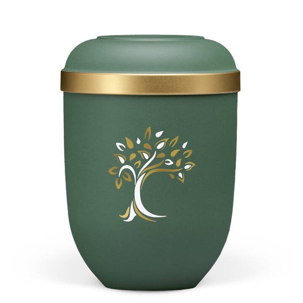 21331ARB Naturstoffurne, Olivegrün- Velours, Baum ART-Dekor gold/weiß