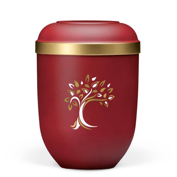 21333ARB Naturstoffurne, Weinrot Velours, Goldrand, Baum ART-Dekor gold/weiß