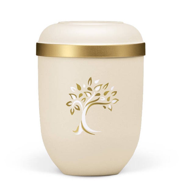 21334ARB Naturstoffurne, Sandbeige, Goldrand, Baum ART-Dekor Baum gold/weiß