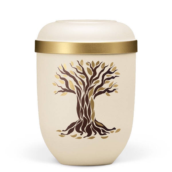 21334TWH Naturstoffurne, Sandbeige, Goldrand, Motiv: Herbstlicher Baum, Handbemalt