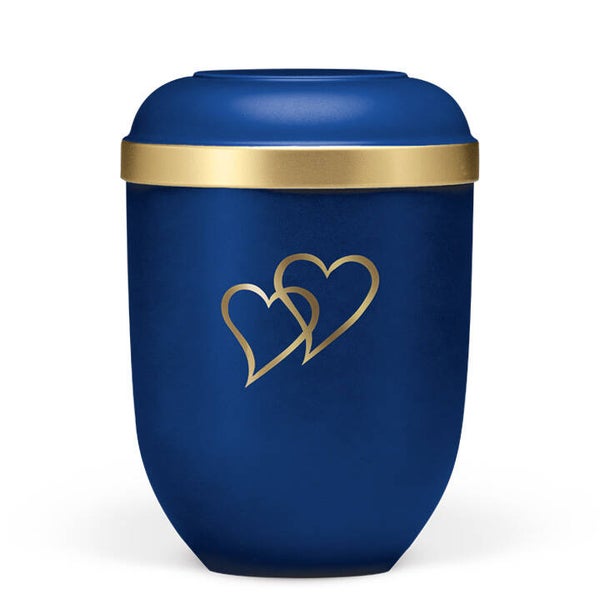 21336HZ Naturstoffurne, Saphirblau Velours Goldrand, Herzen in gold