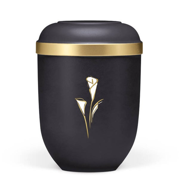 21350CA Naturstoffurne, Anthrazit Velours, Goldrand, Calla gold/weiß