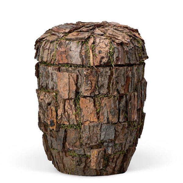 21996 Naturstoffurne, Neembaumrinde "Baum Optik" in Handarbeit aufgebracht
