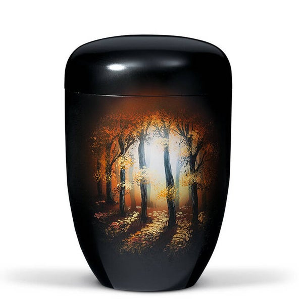 25-3631 Naturstoffurne, Schwarz, Handbemalt Waldlichtung