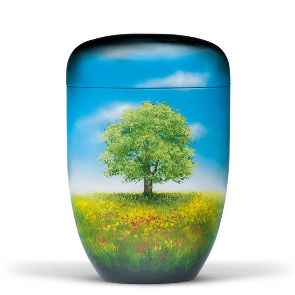 25-3632 Naturstoffurne, Schwarz, Airbrush, "Baum im Blumenfeld"