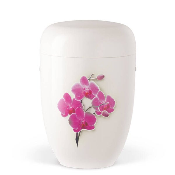 25-3832LI Naturstoffurne, Cremeweiß, Orchidee foliert, Airbrush hinterlegt