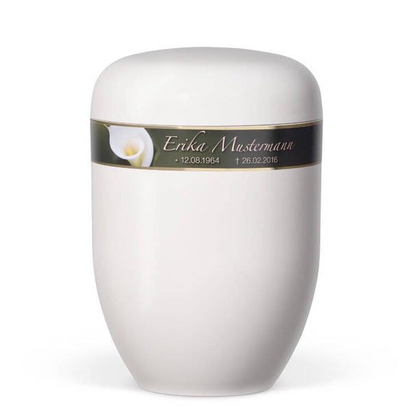 25190-PST Naturstoffurne, Cremeweiß, Dekorband: Calla + Persönliche Sterbedaten