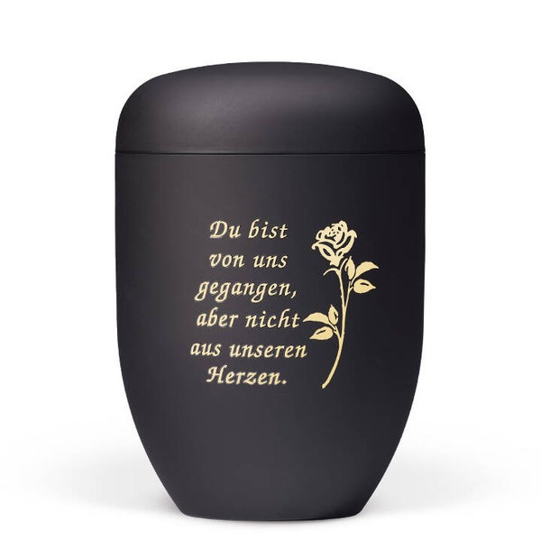 25245-T2 Naturstoffurne, Anthrazit Velours Rose Foliendekor, Trauertext Nr. 2
